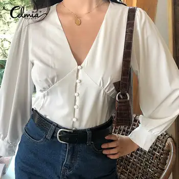 

2020 Spring Celmia Deep V-neck Soild Women Blouses Long Sleeve Shirt Ladies Casual Office Elegant Button Top Loose Blusas 5XL 7