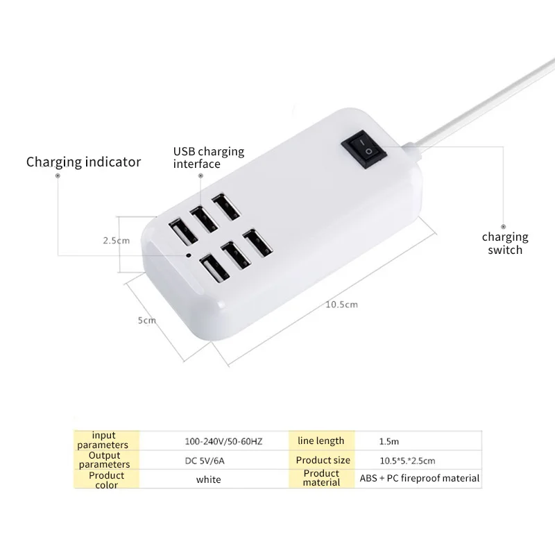 6 в 1 Usb зарядное устройство концентратор 20 Вт USB power Bank адаптер 6-портовый usb зарядная станция Быстрая зарядка usb зарядная розетка 1,5 м кабель штепсельная вилка США