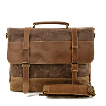 

Mens Messenger Bag 15 Inch Waterproof Vintage Genuine Leather Waxed Canvas Briefcase Large Satchel Shoulder Bag Leather