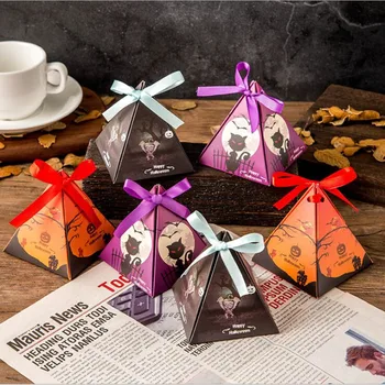 

Halloween purple Triangle Paper Candy Box with Different Colors Ribbons Wedding Favor Gift Boxes Gift Bags for Baby Shower Party