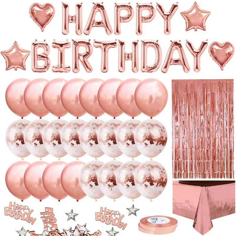 Rose Gold Balloon Birthday Party Decoration Latex Balloons Tablecloth Rain Silk Curtain Party Set Kids Birthday Decor Supplies