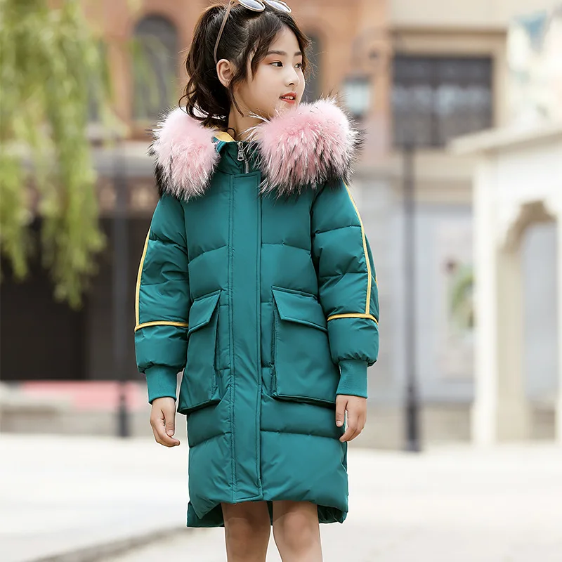 30; рассчитанная на русскую зиму для девочек, удлиненная куртка-пуховик Детские зимние штаны из натурального меха, Куртка с воротником, Детская футболка в Корейском стиле, плотное длинное пальто