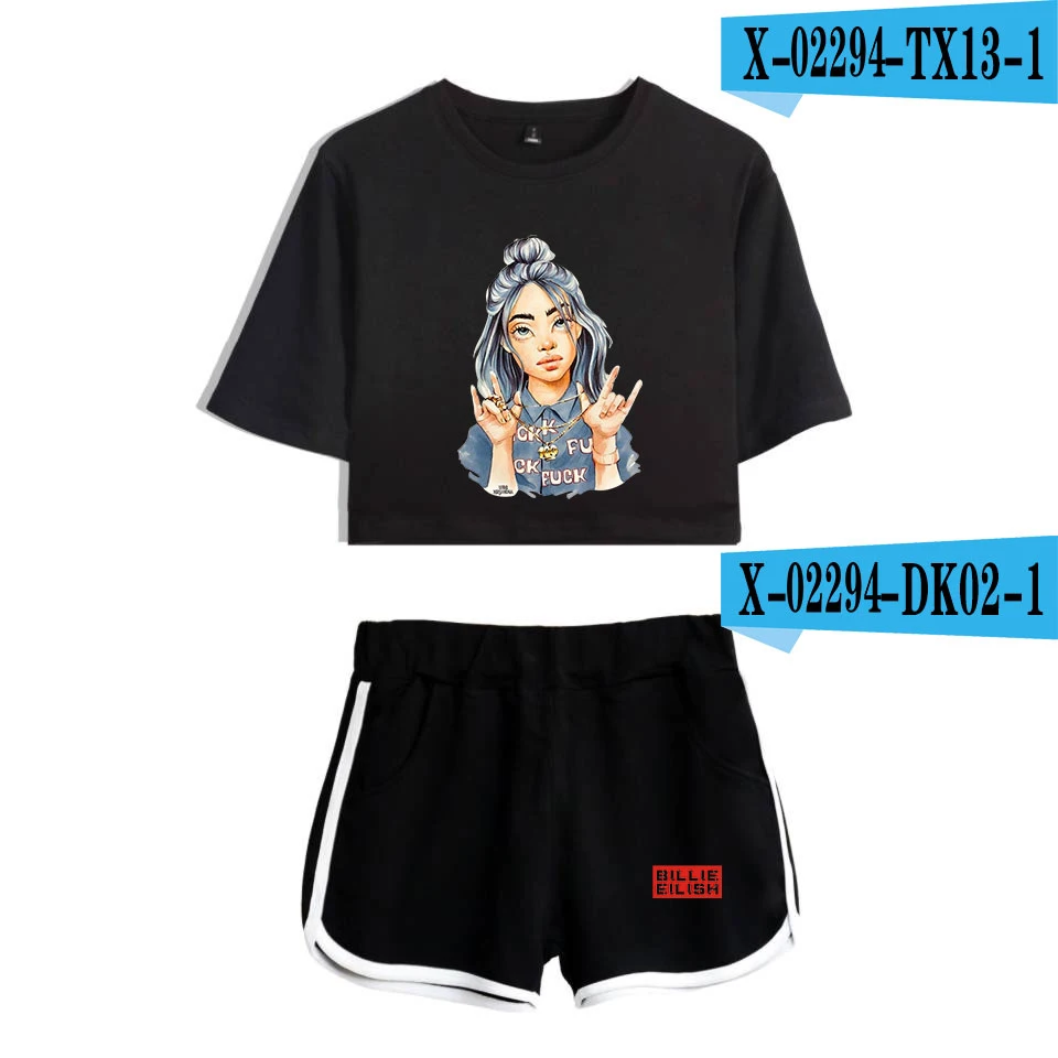 As Picture Billie Eilish короткая футболка для девочек+ черные сексуальные трендовые шорты Billie Eilish женская футболка Последняя мода горячая Распродажа комплектов - Цвет: As Picture