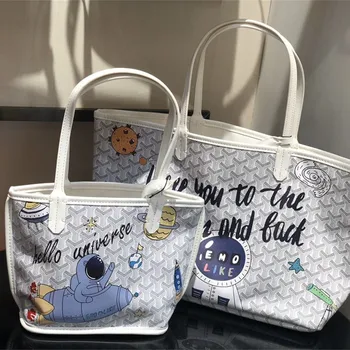 

Leather graffiti dog tooth bag 2020 new fashion portable tote bag large capacity women shopping bag fashion basket bag