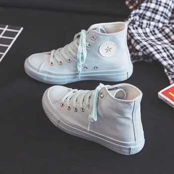 

2020 Spring New Canvas Shoes Women Flat Sneakers Pink Casual Shoes Lace Up High-top Solid Color Flats Good Quality 35-40 Trainer