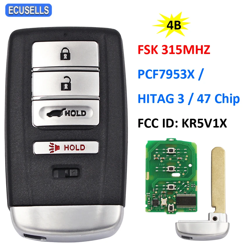 3+1/4 Button FSK 315Mhz Smart Remote Key (SUV) for Acura MDX RDX PCF7953X / HITAG 3 47 Chip FCC ID: KR5V1X HON66 Uncut Blade | Автомобили