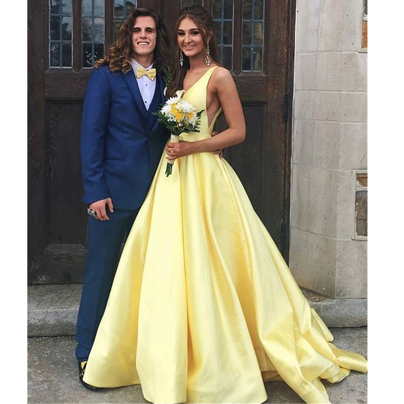 

Simple V-neck Prom Gowns Yellow Satin Sexy Formal Party Dress Cheapest Evening Gowns Backless Chapel Train vestido longo festa
