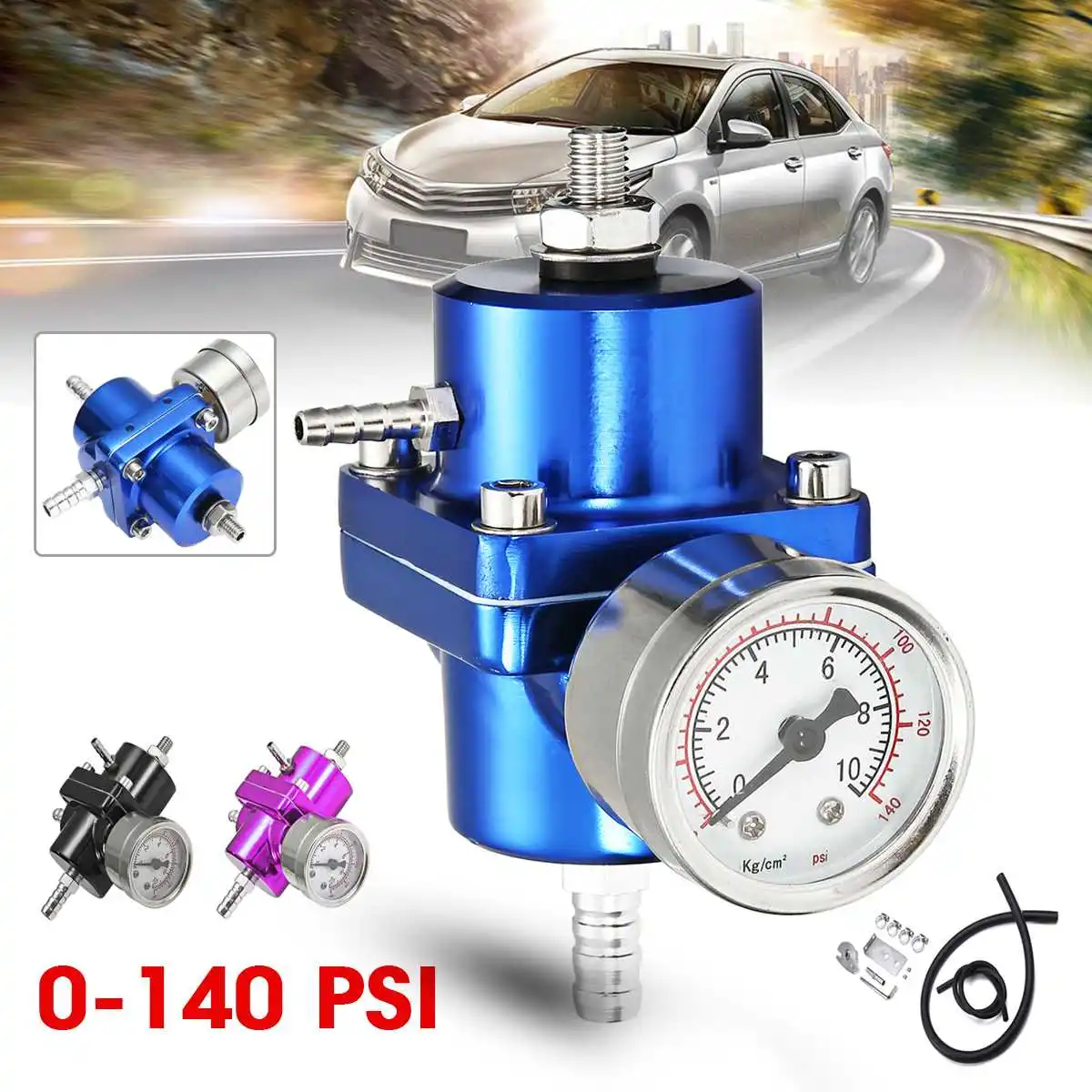 

0-140PSI Universal Car Fuel Pressure Regulator With Gauge Adjustable Oil Pressure Regulator Oil Gauge Hose Kit