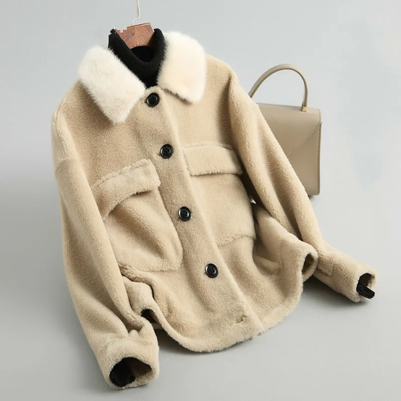 

Mink Fur Collar Real Fur Coat Wool Jacket Autumn Winter Coat Women Clothes 2020 Korean Vintage Sheep Shearling Abrigo Mujer