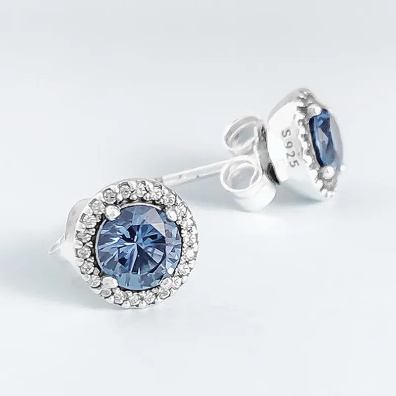 

100% 925 Sterling Silver Pan Earring Classic Elegant Blue Crystal Round Pan Earrings For Women Wedding Gift Fashion Jewelry