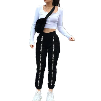 

2020 Spring Autumn Fashion Women's New Ribbon Stitching Alphabet Low Waist Loose Casual Trousers Female Harem Beam Feet Pants