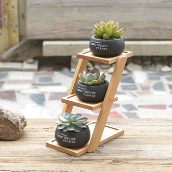 

1 Set Cement Succulent Planter Pot Geometric Flower Pot 3 Bonsai Cactus Planters with 3-Layers Bamboo Shelf (3 Pots + 1 Stand)
