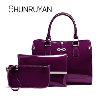 

SHUNRUYAN 3 Sets Patent Leather Women Handbags Luxury Brands Tote Bag+Ladies Shoulder Messenger crossbody bag+Clutch Feminina