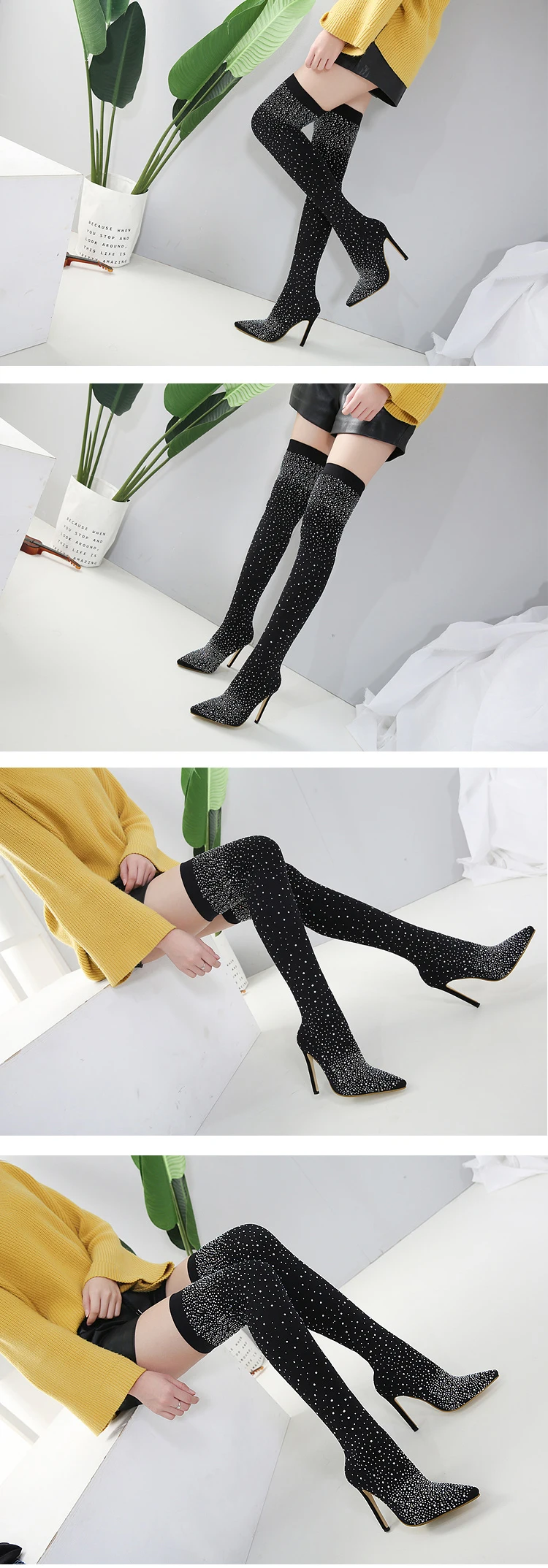 EilyKen/ г. Новые женские высокие сапоги до колена пикантные эластичные носки на высоком каблуке с острым носком, украшенные кристаллами женские сапоги размер 42, 43