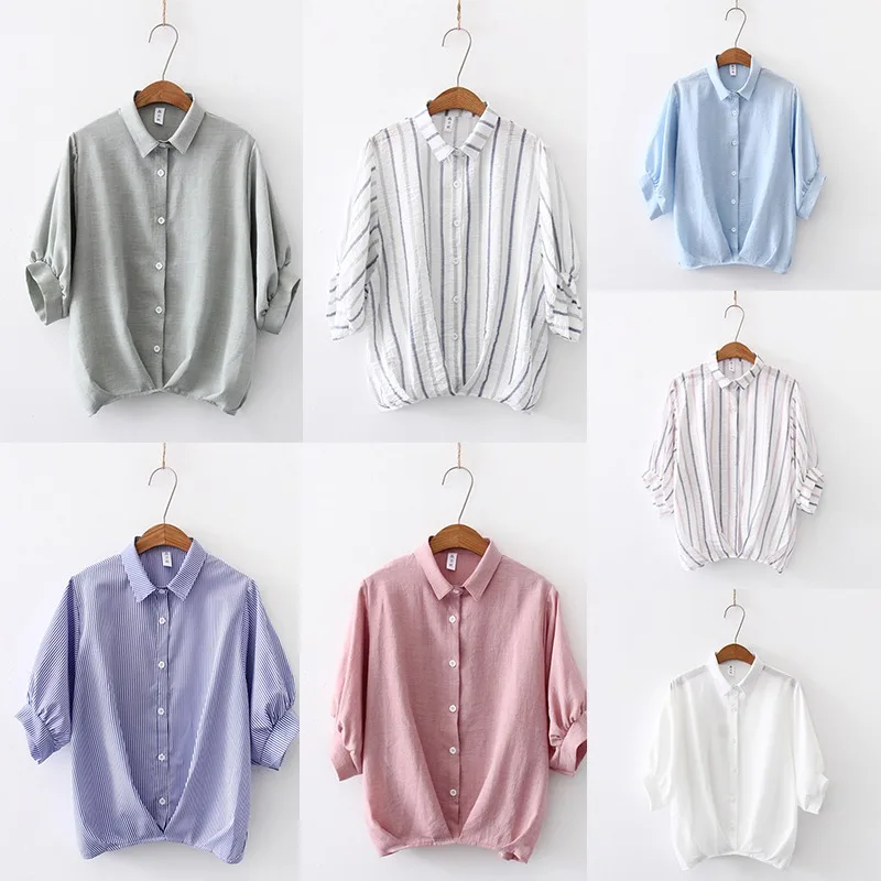 

2019 Women Blouses Striped Solid Pattern Cotton & Linen Material TopsTurn-down Collar Casual Short Sleeve Loose Female Blouse