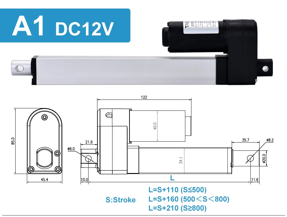 250mm 300mm linear atuador elétrico curso dc12v