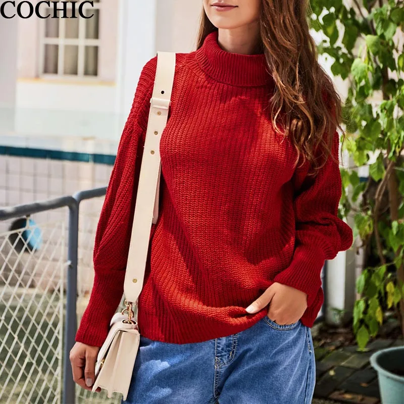 

Mid-long Turtleneck Solid Color Lantern Sleeve Jumper Red Sweater Autumn Winter Casual Well-matched Pullovers