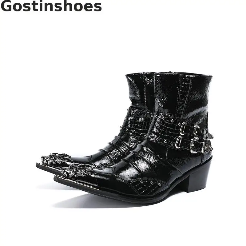 

Winter Boots Men Genuine Leather Snow Boots Black Pointed Buckle Straps Increased Side Zipper Martin Ankle Short Boots