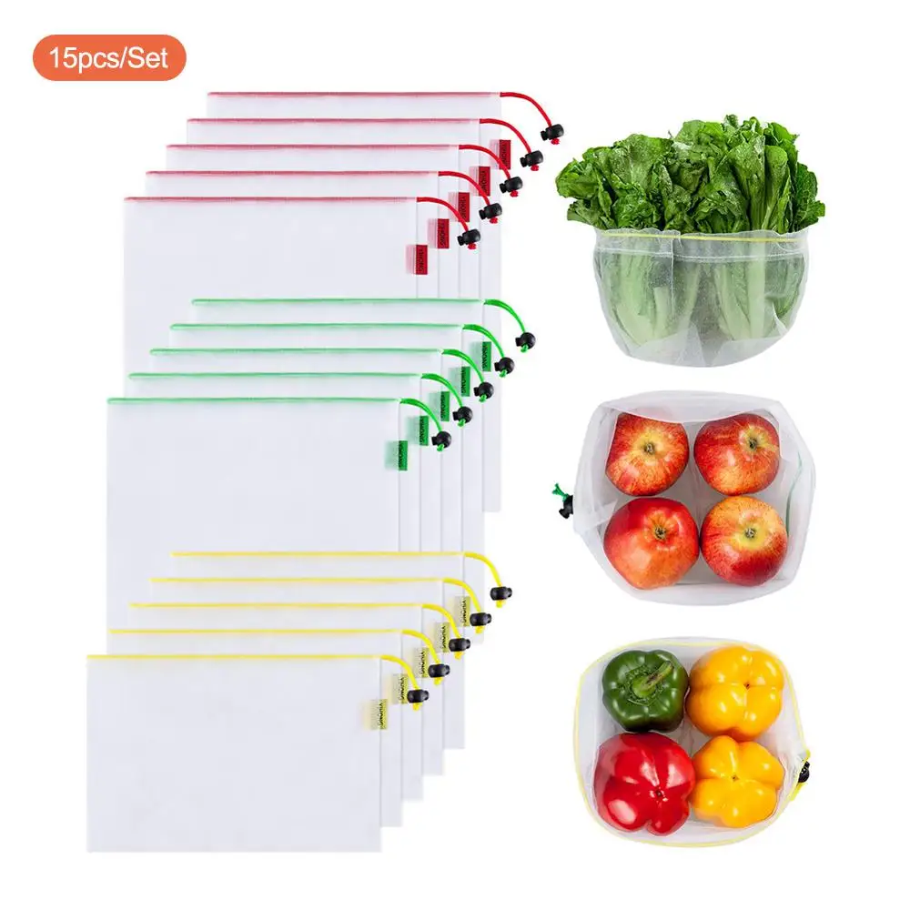 

15pcs 3 Sizes Reusable Mesh Produce Bag Washable Eco-Friendly Bags for Grocery Bag Holder Fruit Vegetable Organizer Bag