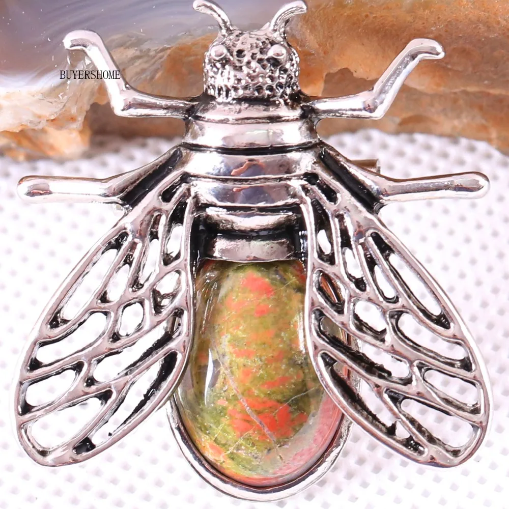 1Pcs Silver Cicada Brooch Natural Stone Pendant Howlite Rhodonite Carnelian Onyx Bead for Men Women DIY Jewelry Making