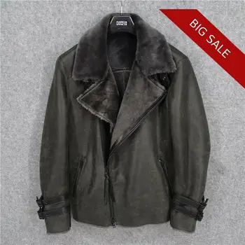 

2020 Black Men Slim Fit Biker's Shearling Coat Plus Size XXXXL Genuine Sheepskin Russian Winter Thick Natural Leather Coat