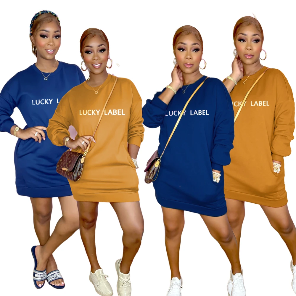 

Y8109 European and American autumn and winter women's long-sleeved loose casual solid color letter embroidery sweater mini sexy