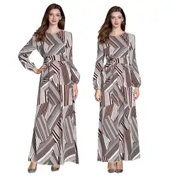 Мусульманское Женское Платье макси с длинным рукавом тонкое Макси Высокая талия с поясом кафтан abaya Дубай халат платье с геометрическим
