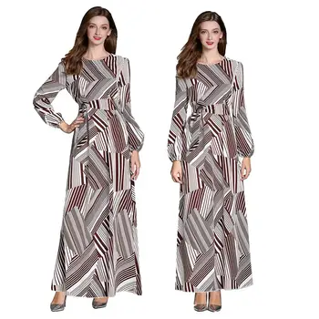 

Muslim Women Long Sleeve Maxi Dress Slim Maxi High Waist Belt Kaftan Abaya Dubai Robe Gown Geometry Printed Ankle-Length Fashion