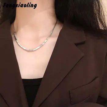 

Fengxiaoling Women's Necklaces Fashion 2020 925 Sterling Silver Geometric Square Tube Pendant Necklaces Fine Jewelry Accessories