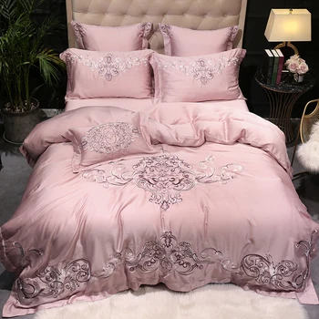 

New Luxury Pink Champagne Royal Embroidery European Palace 100S Tencel Silk Bedding Set Duvet Cover Bed sheet/Linen Pillowcases