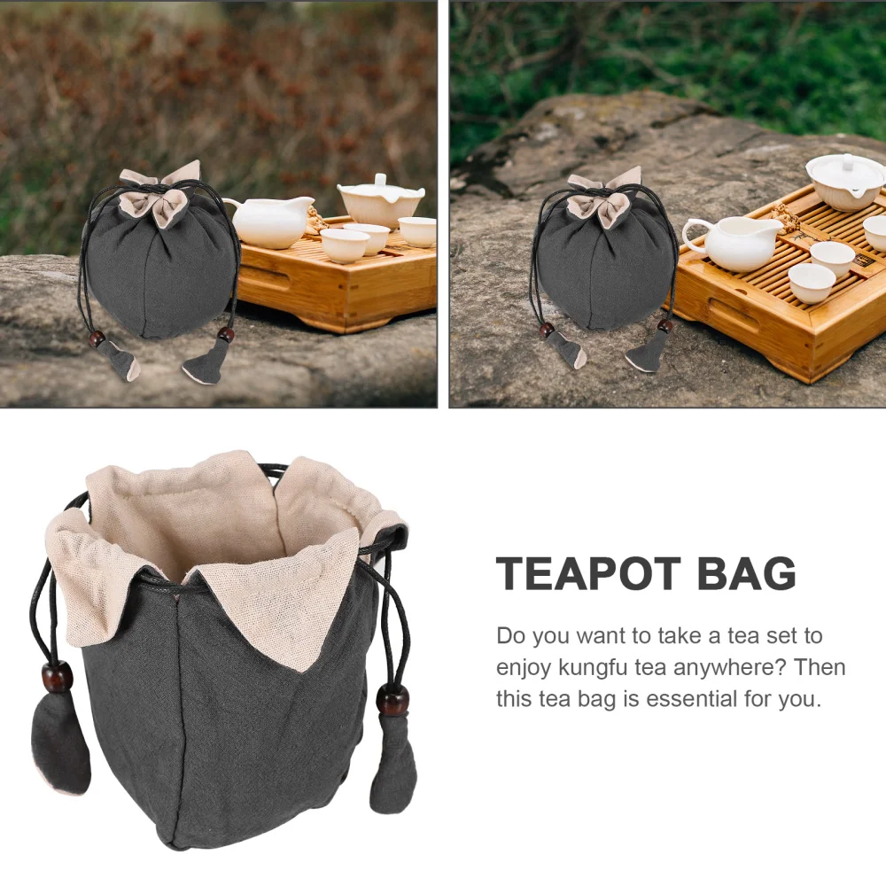 Portable Cotton Linen Teapot Bag Tea Set Storage Bag Travel Pouch Teaware Kitchen Dining Bar Accessories Wooden Beads Simple