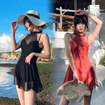 

Swimsuit One Piece Women Retro Onepiece Korean For Girls Fused Female Sexy Cover Stomach Super Skirt Solid Polyester