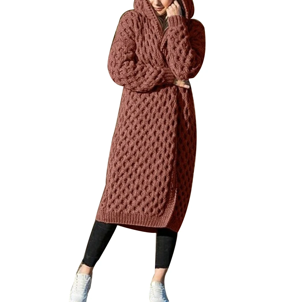 Женский вязаный кардиган, зимний Свободный теплый длинный кардиган с капюшоном, Женский винтажный свитер с длинным рукавом, верхняя одежда размера плюс, пальто - Цвет: brown