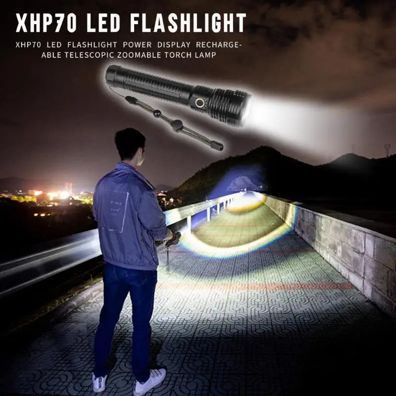 XHP70 LED Flashlight Power Display Micro-USB Rechargeable 5 Modes IP44 Waterproof Telescopic Zoomable Lamp for Outdoor