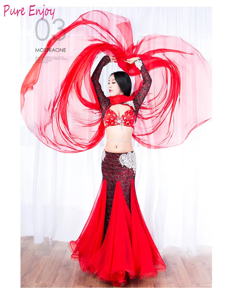 Красный 2 шт. Наборы Танец Живота Костюм Для Женщин Дамы Bellydance Роскошный Алмаз Взрослых Шифон Юбка Сценическое Танцевальная Одежда Девушки - Цвет: Красный