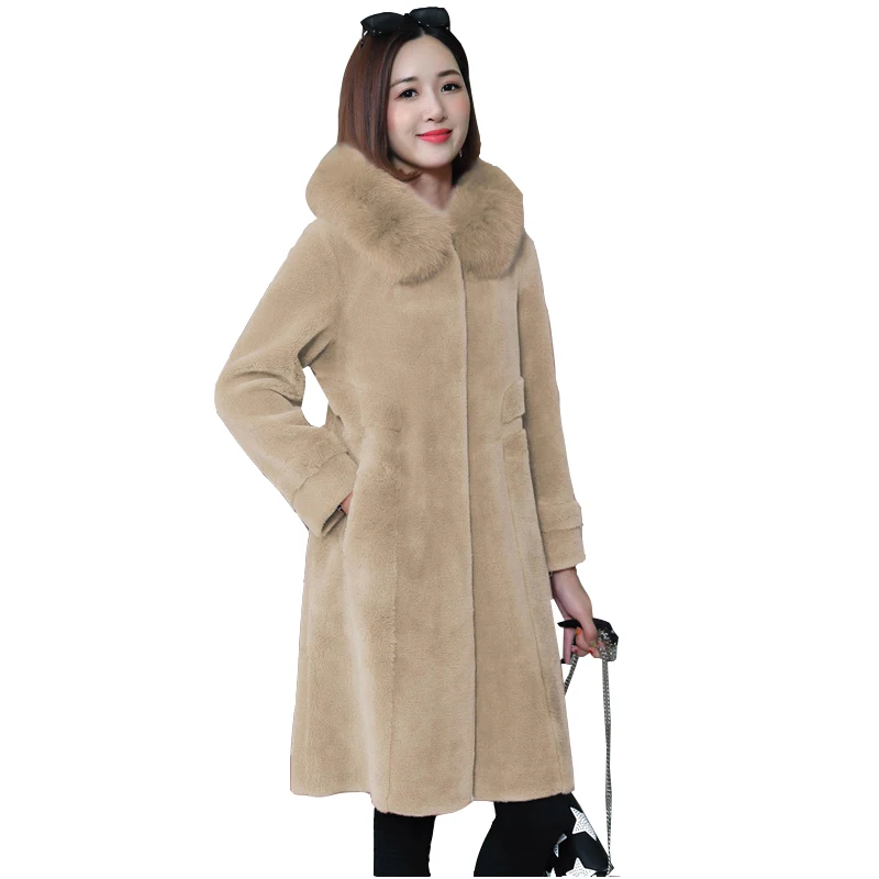 

2020 New Winter Parker Fur Coat Sheep Shearing Coats Fur one Fox Fur Medium long Thick Warm Hooded Women's Jacket