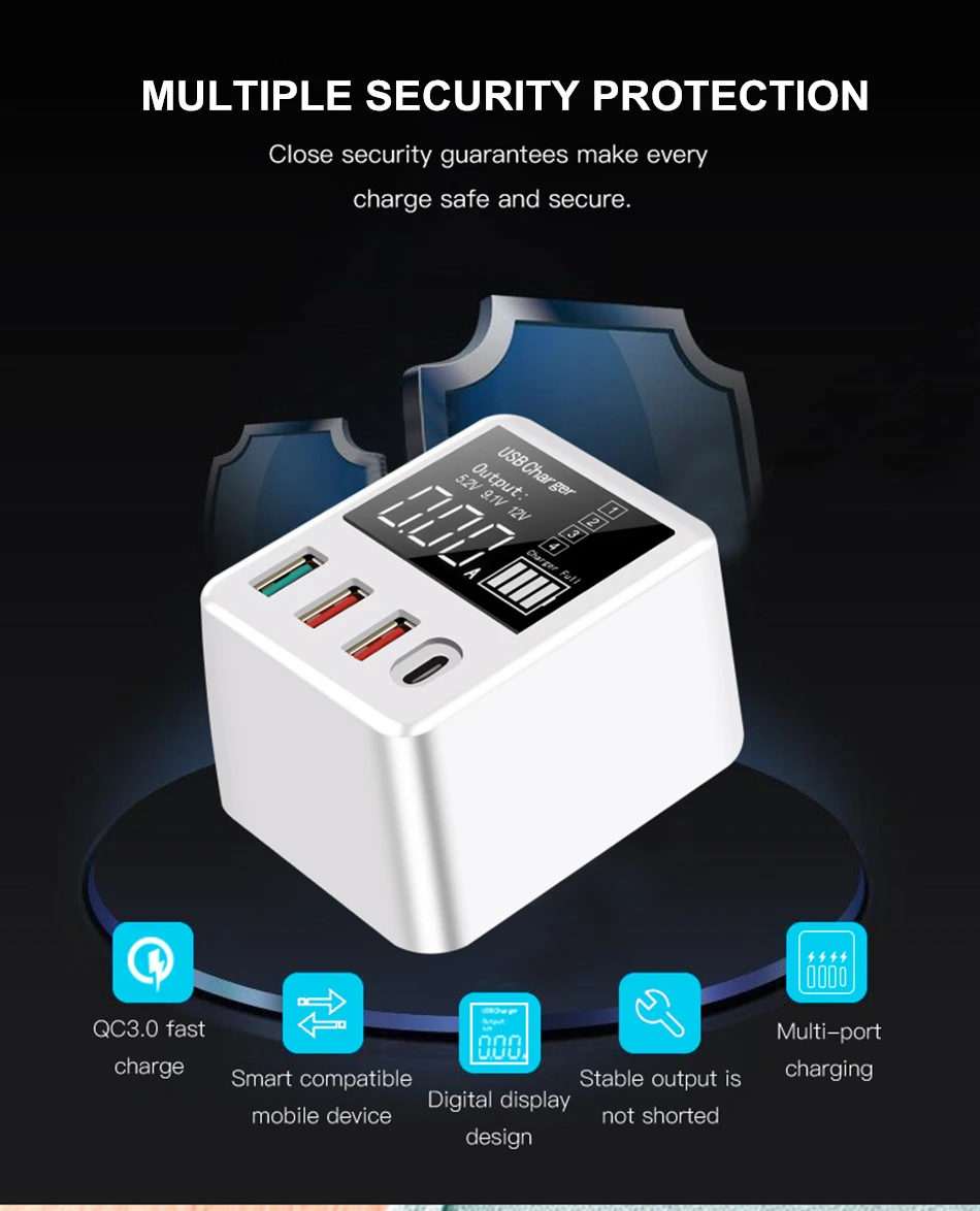 Amstar Quick Charge 3.0 30W USB Charger LED Display Mini USB Type C Charger For iPhone Samsung Huawei Travel Wall Adapter