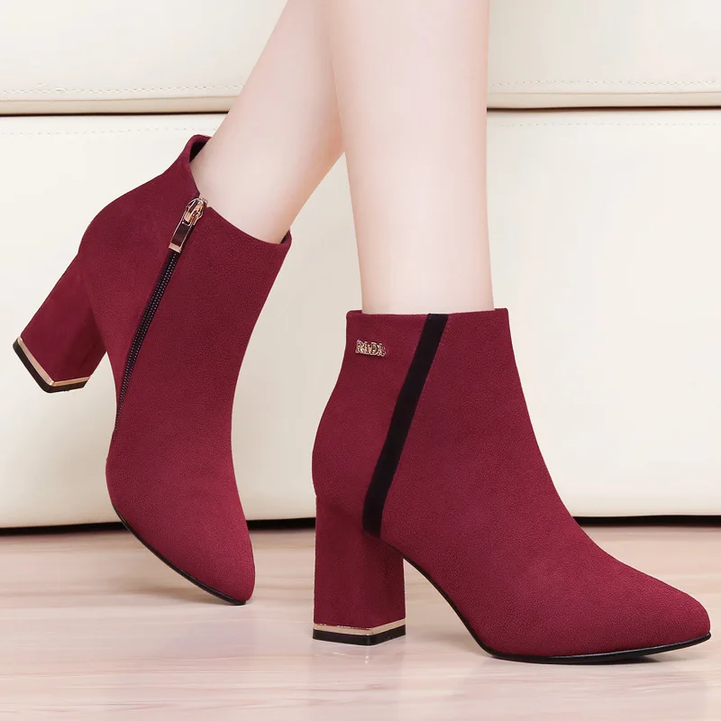 

Moolecole 2019 Autumn New Style Pointed Toe Chunky Heel Boots Side Zipper Casual Short Boots Waterproof Platform WOMEN'S Shoes 9