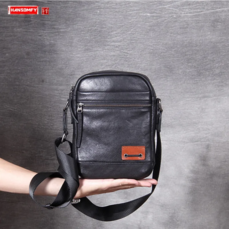 

New men's leather shoulder slung small bag simple casual top layer leather chest bag male messenger bag mobile phone bags tide