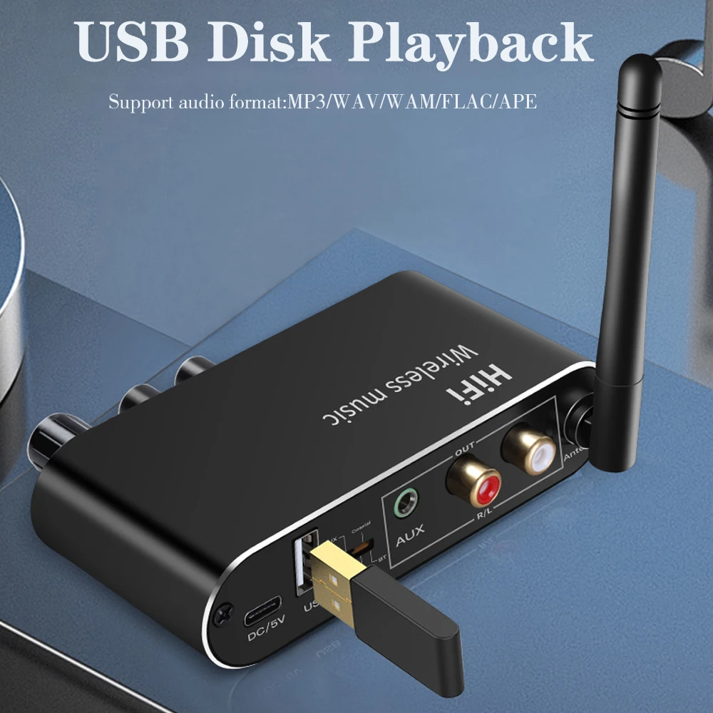 tebe Bluetooth 5.1 Receiver Digital to Analog Audio Converter Coaxial Optical Fiber 3.5mm Aux Wireless Adapter Support USB Disk