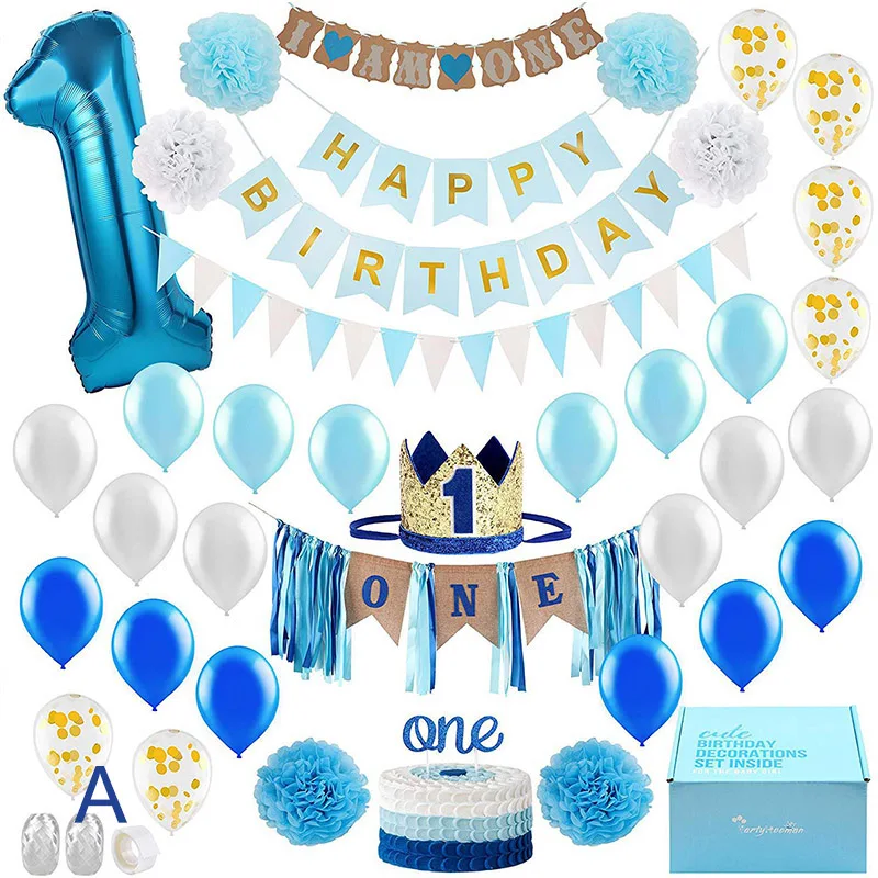 1 год, комплект для дня рождения, вечерние украшения для мальчиков и девочек, голубые, розовые, 1 год, шарики ко дню рождения, милый детский душ, RT99 - Цвет: A