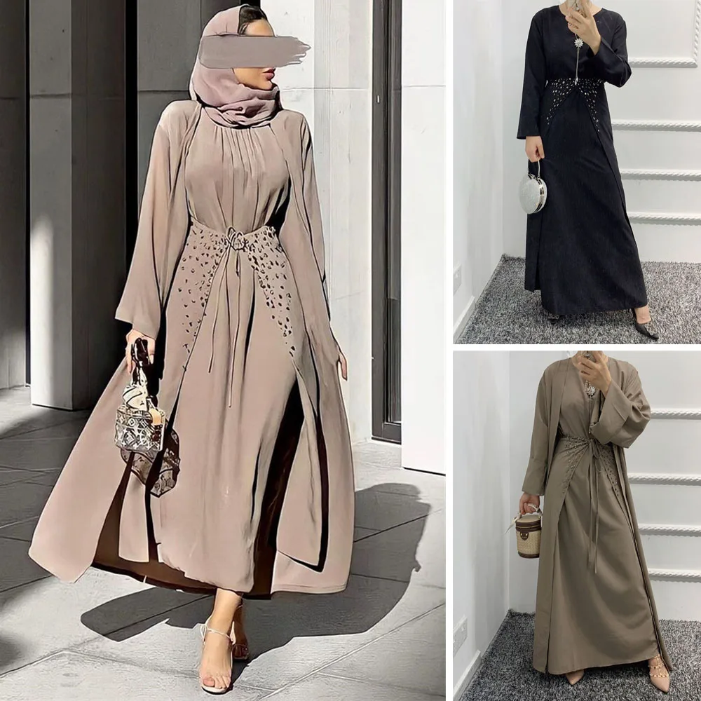 

Dubai Kaftan Muslim Women 3pcs/4pcs Set Arabic Abaya Islamic Long Sleeve Open Kimono Dress Wrap Suits Solid Color Middle East