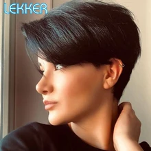 

Lekker Short Straight T Part Lace Pixie Bob Human Hair Wig For Women Natural Colored With Bangs Brazilian Remy Ombre Brown Wigs