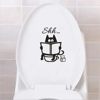 

Toilet Stickers Cute Cat Shh Toilet Seat Art Mural Removable Cartoon Cat Bathroom Door Sticker Funny Poster DIY Home Decoration