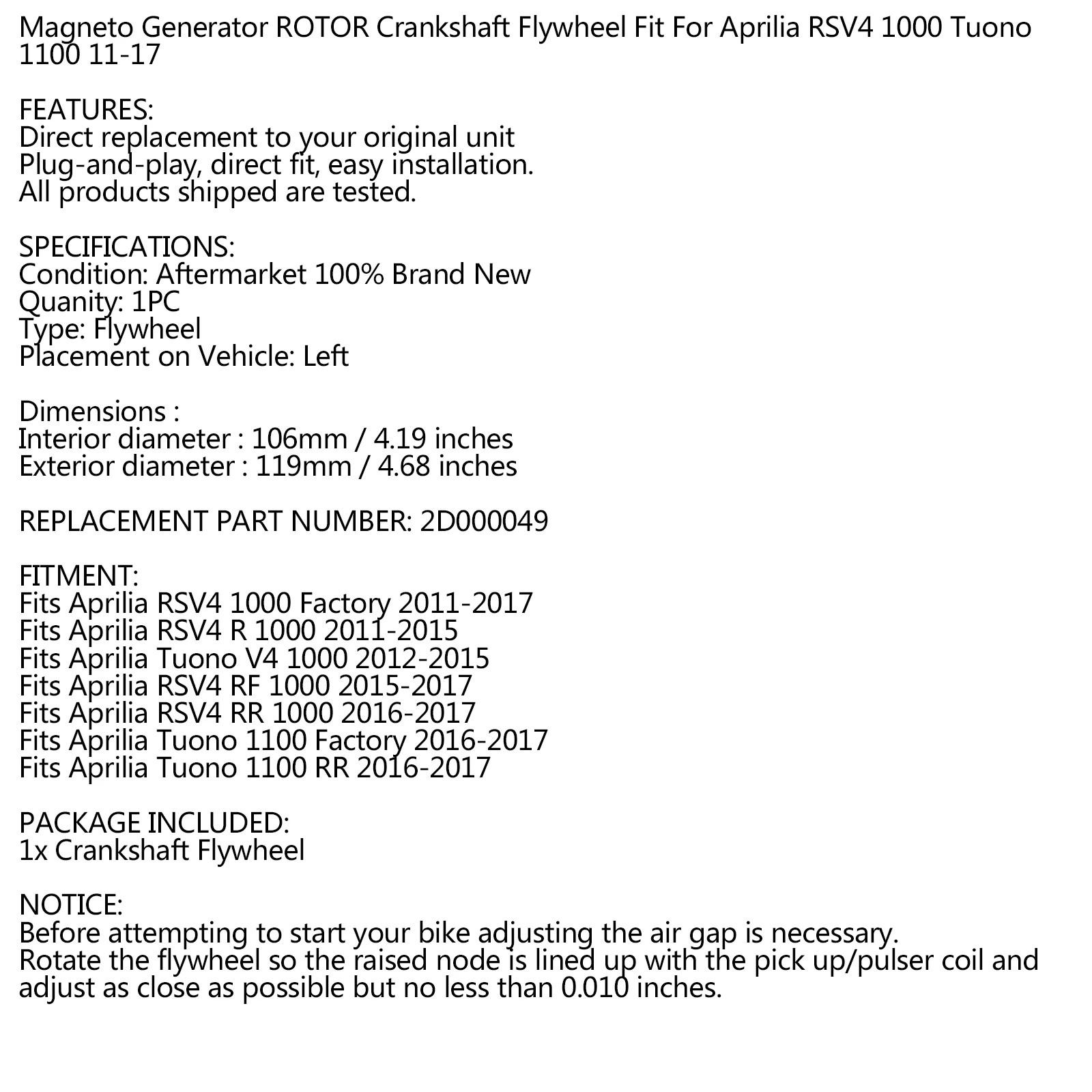 Areyourshop для Aprilia 2D000049 RSV4 R 1000 Tuono 2011- генератор Магнето генератор ротор коленчатый вал маховик Tuono 1100