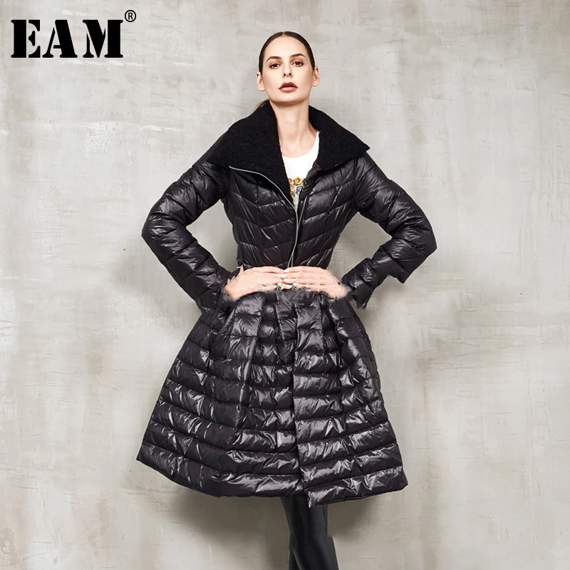 

[EAM] Loose Fit Big Hem Temperament Down Jacket New Lapel Long Sleeve Warm Women Parkas Fashion Tide Autumn Winter 2019 1A392