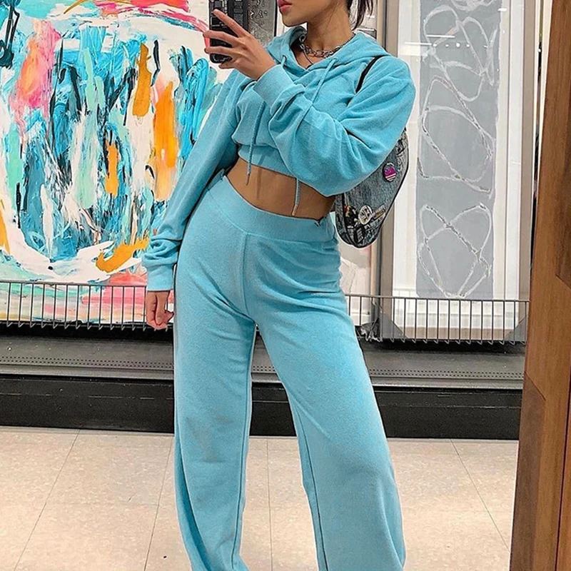

LITTHING Drawstring Crop Hoodies Wide Leg Pants Set 2 Piece Outfit For Women Spring Casual Long Sleeve Velvet Blue Tracksuit