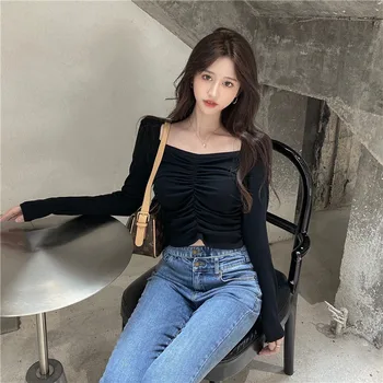 

PX2696 Slim slim design niche pleated bottoming shirt long sleeve T-shirt
