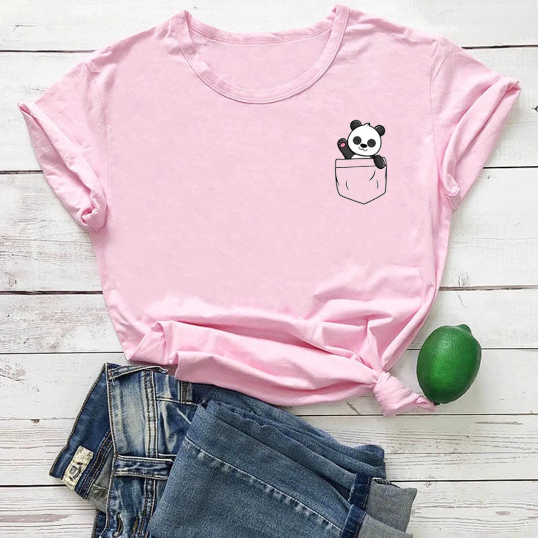 Camiseta con patrón de Panda para Mujer, Blusa de manga corta Vintage informal, ropa Kawaii para Mujer