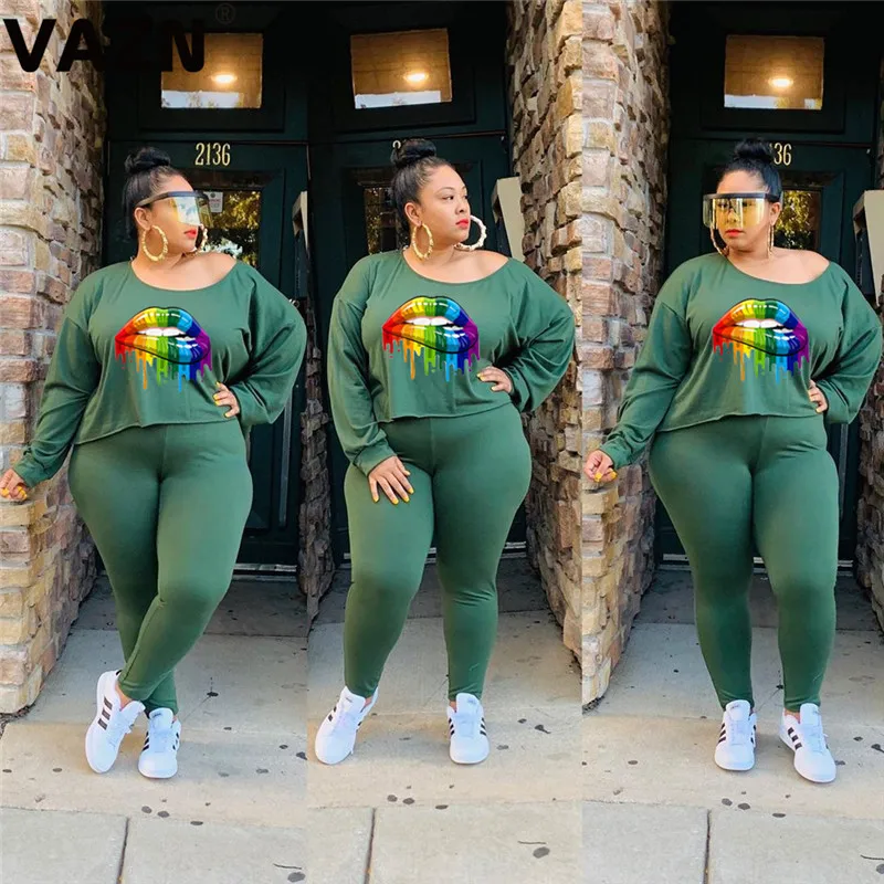 VAZN OMF140 осень размера плюс энергии Повседневная Мягкая модная спортивная одежда 4 цвета полный рукав Топ Длинные брюки тонкий женский комплект из 2 предметов - Цвет: Зеленый